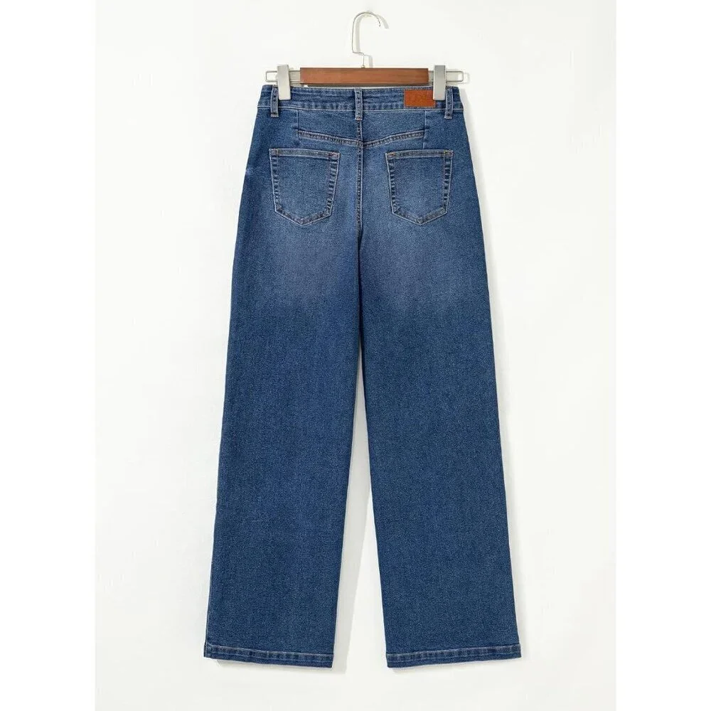 Women's High Waisted Wide Leg Stretch Denim Jeans Zipper Pockets Casual